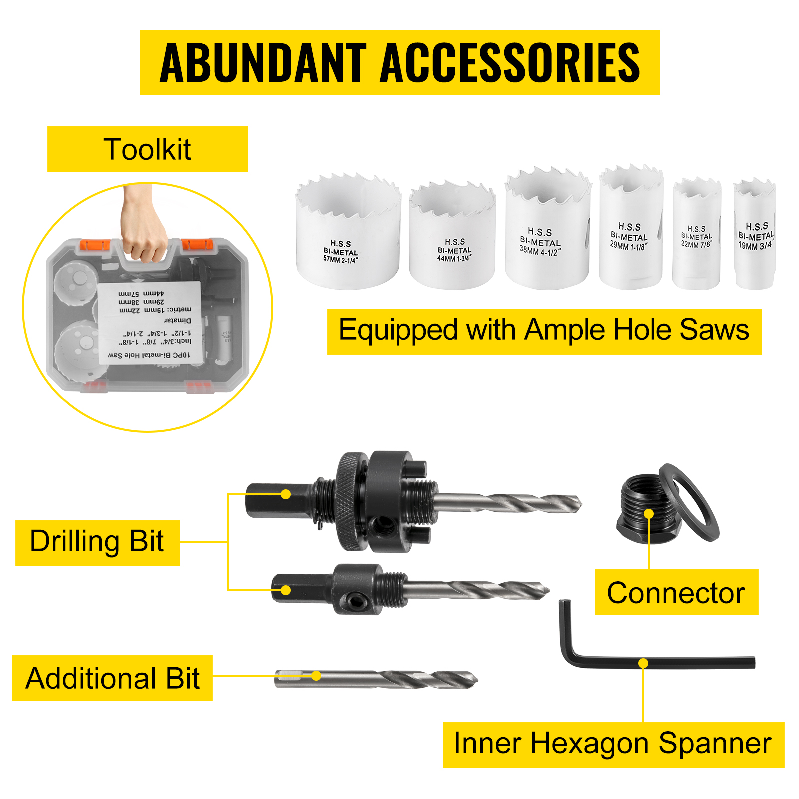 VEVOR tube notcher kit with hole saws, drilling bits, toolkit, and hex spanner