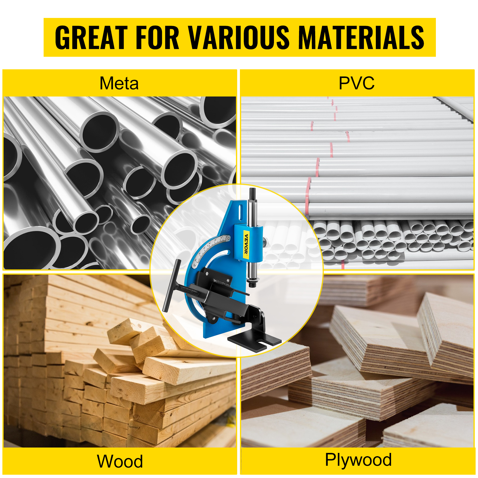 VEVOR tube notcher kit works with metal, pvc, wood, and plywood materials.