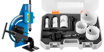 VEVOR tube notcher kit with machine and hole saw set in a plastic case.