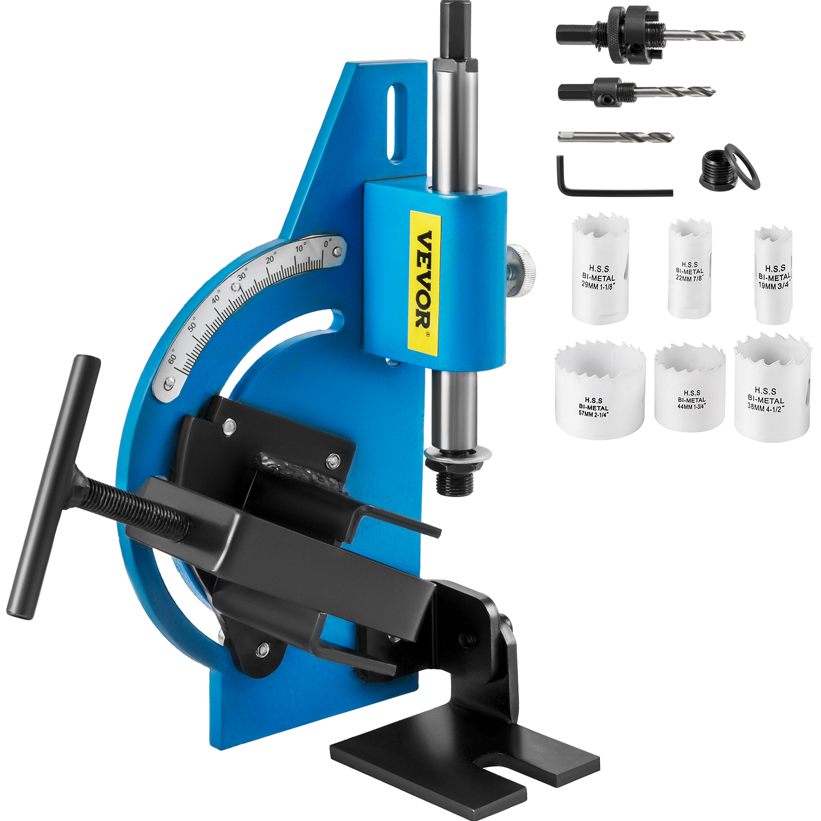 VEVOR tube notcher kit with adjustable angle, drill bits, and bi-metal hole saws.