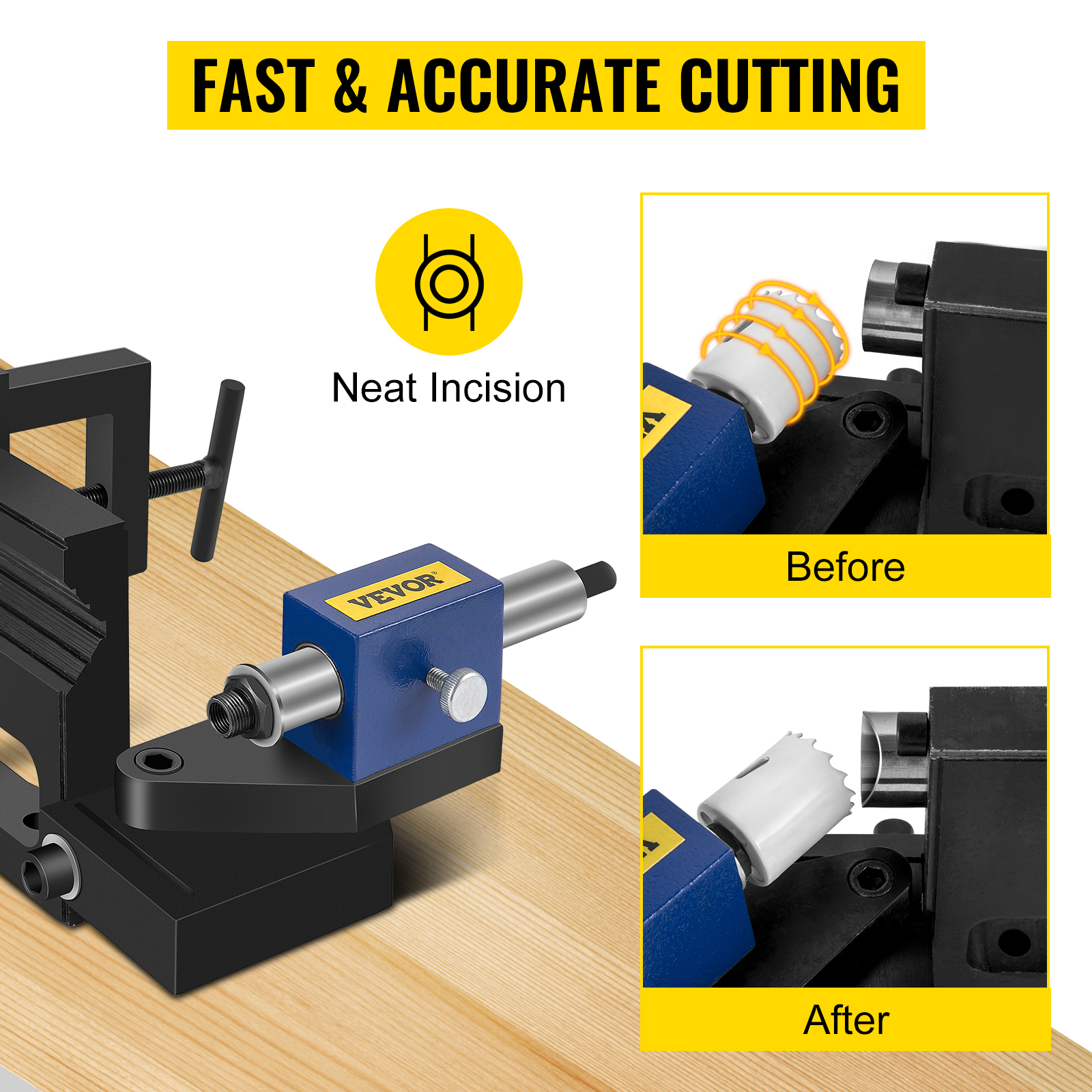 VEVOR pipe notcher ensuring fast and accurate cutting with neat incisions, before and after.