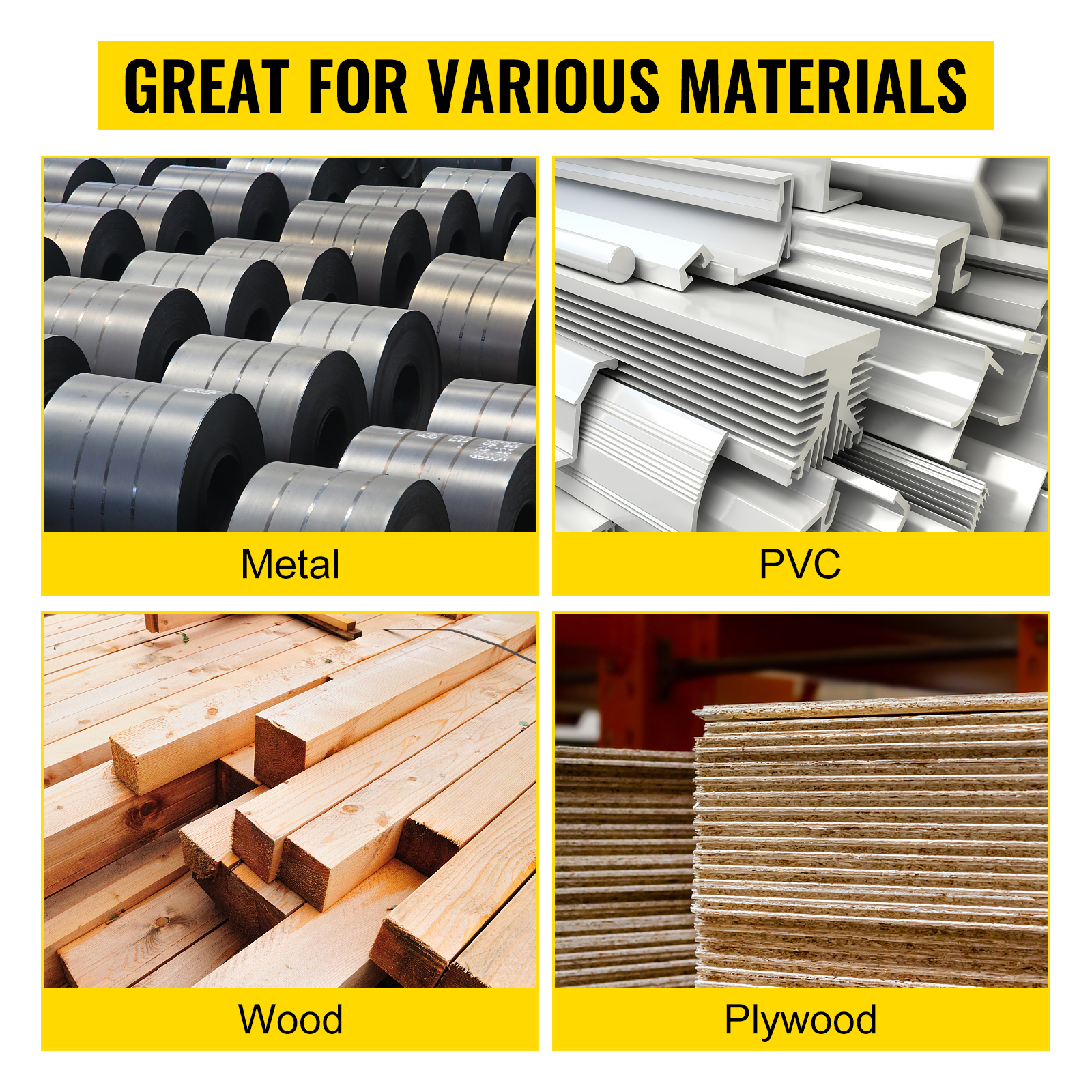 VEVOR pipe notcher suitable for metal, pvc, wood, and plywood materials.
