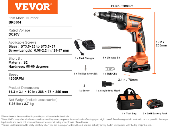 VEVOR drywall screw gun with 20v battery, charger, tool bag, and accessories, dimensions 11.3"x3.1"x10".