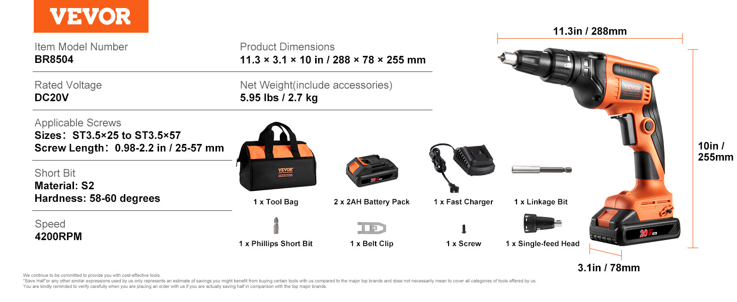 VEVOR drywall screw gun with 20v battery, charger, tool bag, and accessories, dimensions 11.3"x3.1"x10".