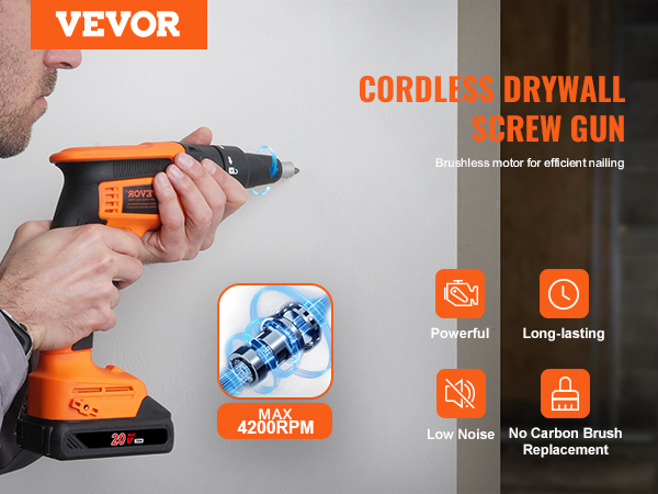 worker using a VEVOR drywall screw gun with brushless motor, max 4200 rpm, powerful and long-lasting.