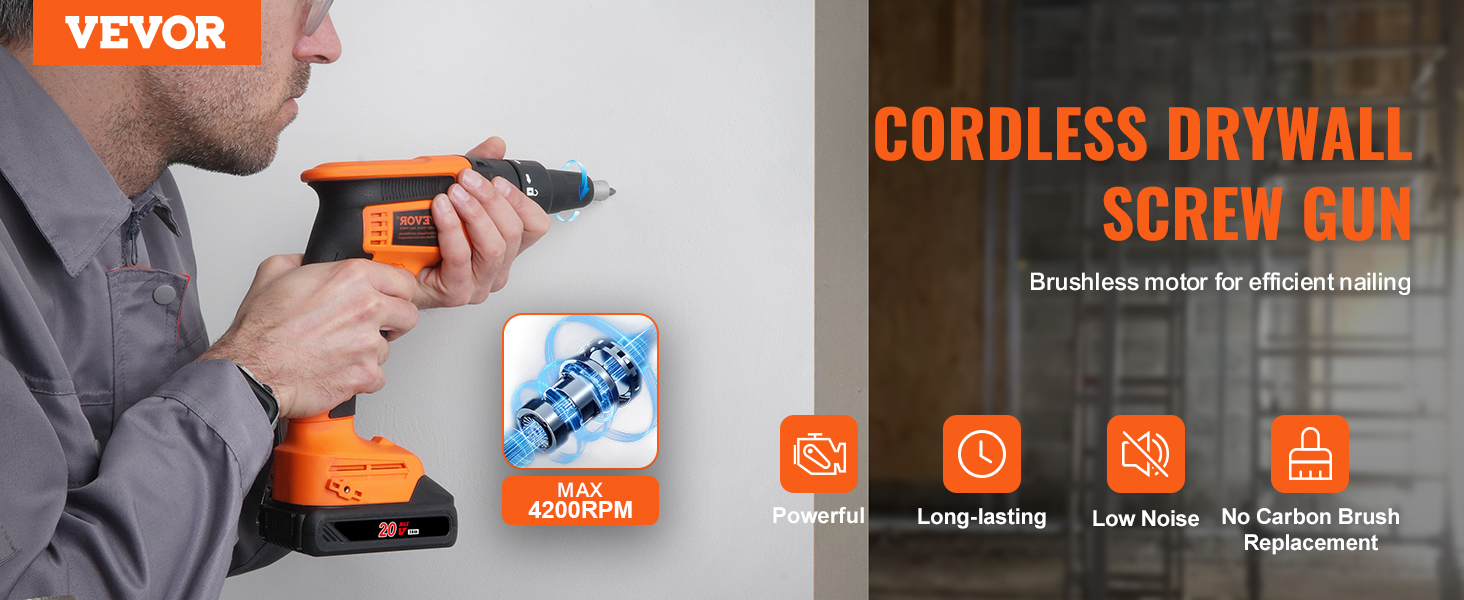 worker using a VEVOR drywall screw gun with brushless motor, max 4200 rpm, powerful and long-lasting.