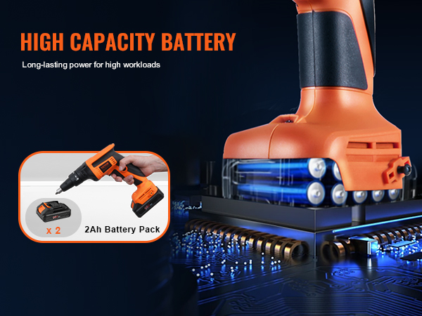VEVOR drywall screw gun with high capacity battery and 2ah battery pack for long-lasting power.