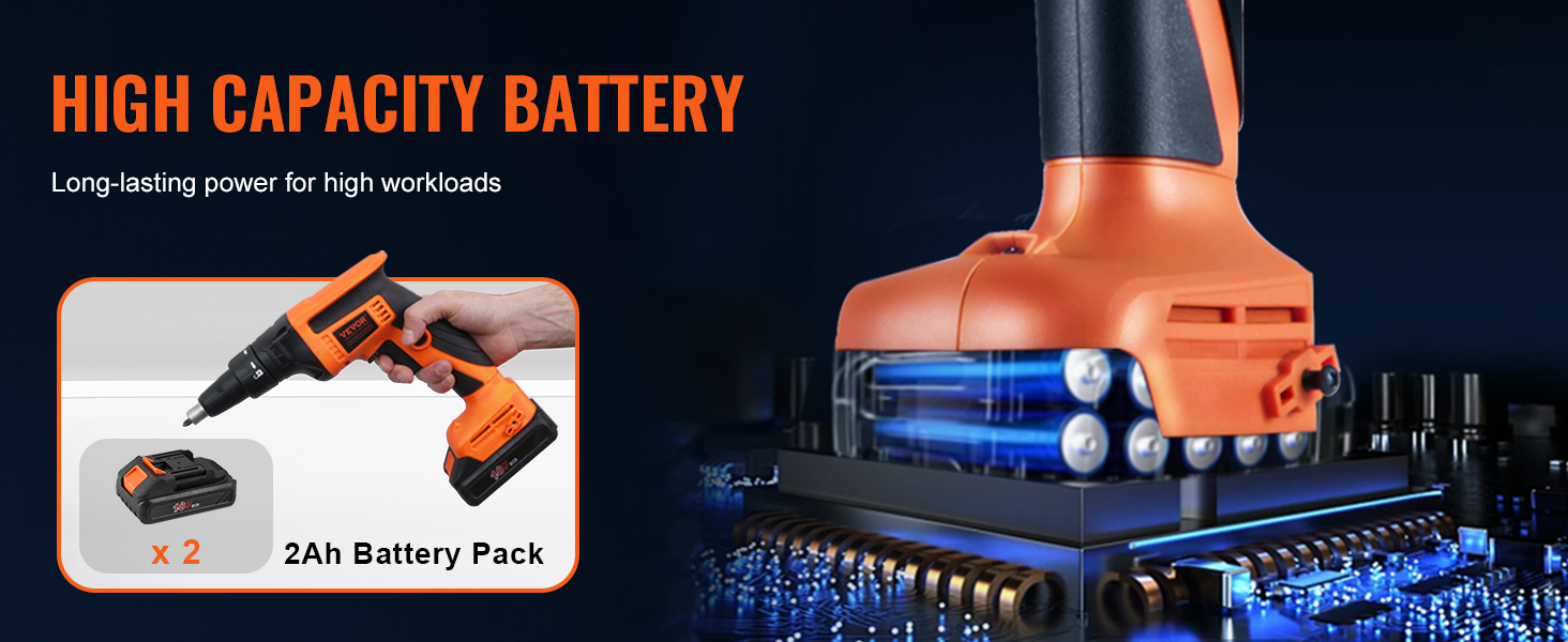 VEVOR drywall screw gun with high capacity battery and 2ah battery pack for long-lasting power.