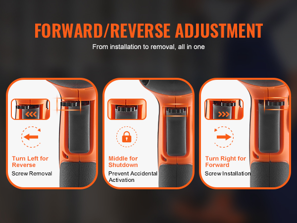forward/reverse adjustment of VEVOR drywall screw gun with control buttons for screw removal and installation.