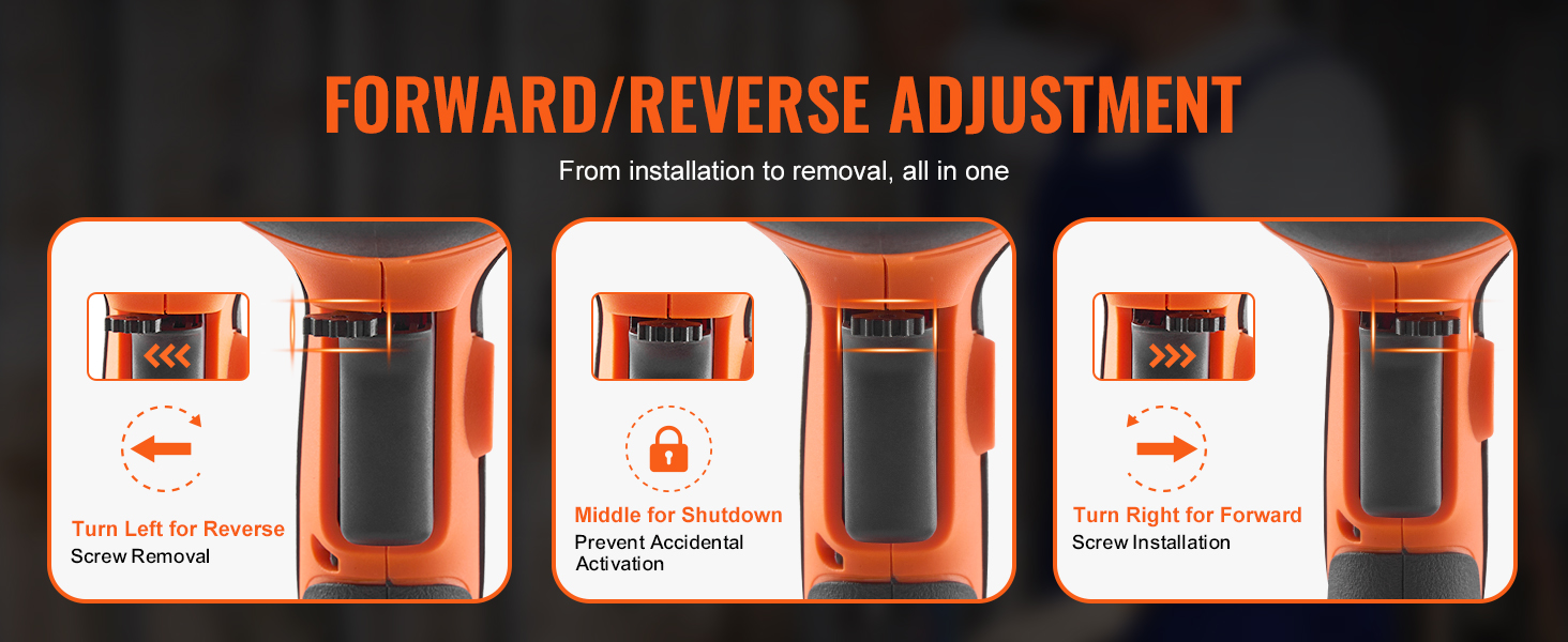 forward/reverse adjustment of VEVOR drywall screw gun with control buttons for screw removal and installation.