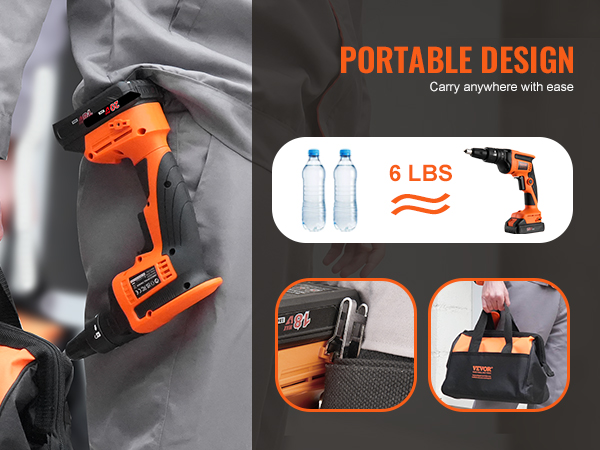 portable design of VEVOR drywall screw gun, lightweight at 6 lbs, easy to carry with toolbag.