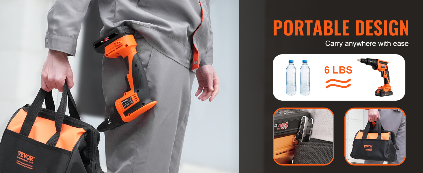 portable design of VEVOR drywall screw gun, lightweight at 6 lbs, easy to carry with toolbag.