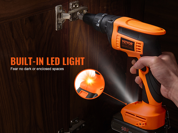 VEVOR drywall screw gun with built-in led light for working in dark or enclosed spaces.