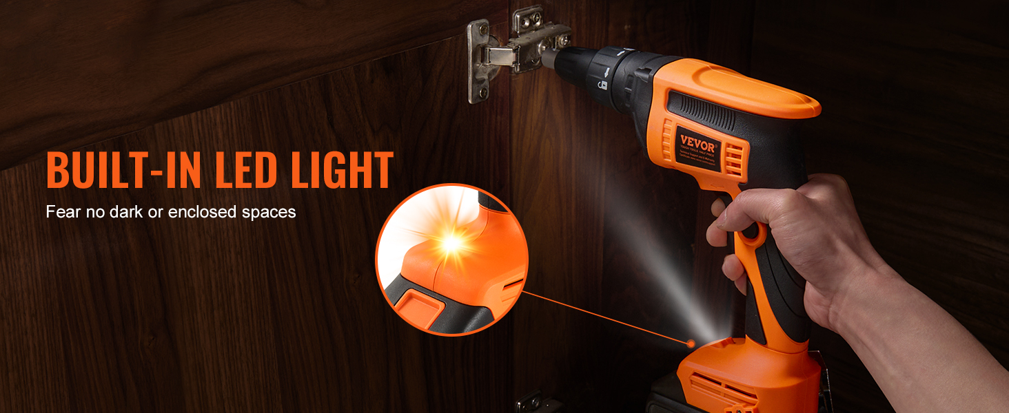 VEVOR drywall screw gun with built-in led light for working in dark or enclosed spaces.