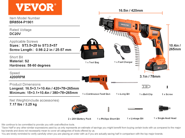 VEVOR drywall screw gun, continuous feed gun, tool bag, fast charger, battery pack, bits, and more.