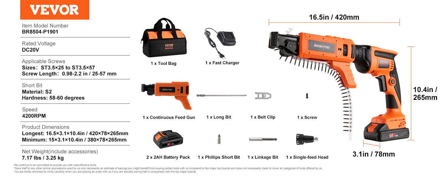VEVOR drywall screw gun, continuous feed gun, tool bag, fast charger, battery pack, bits, and more.