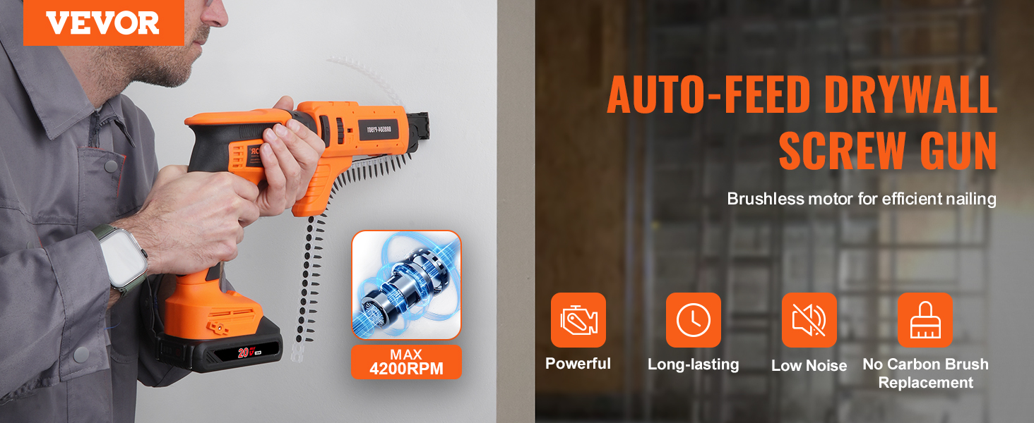 VEVOR drywall screw gun in use, showcasing max 4200rpm power, long-lasting, low noise, and durability features.