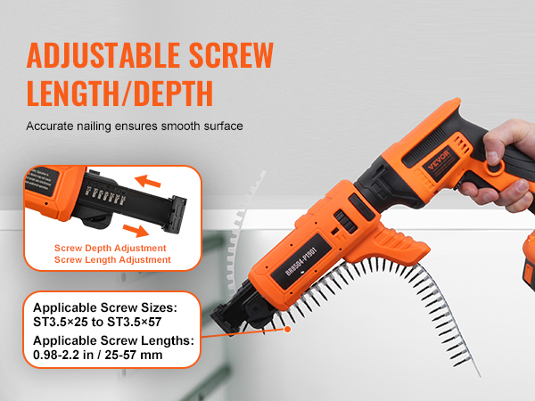 VEVOR drywall screw gun with adjustable screw length/depth and 20v battery for precise nailing.