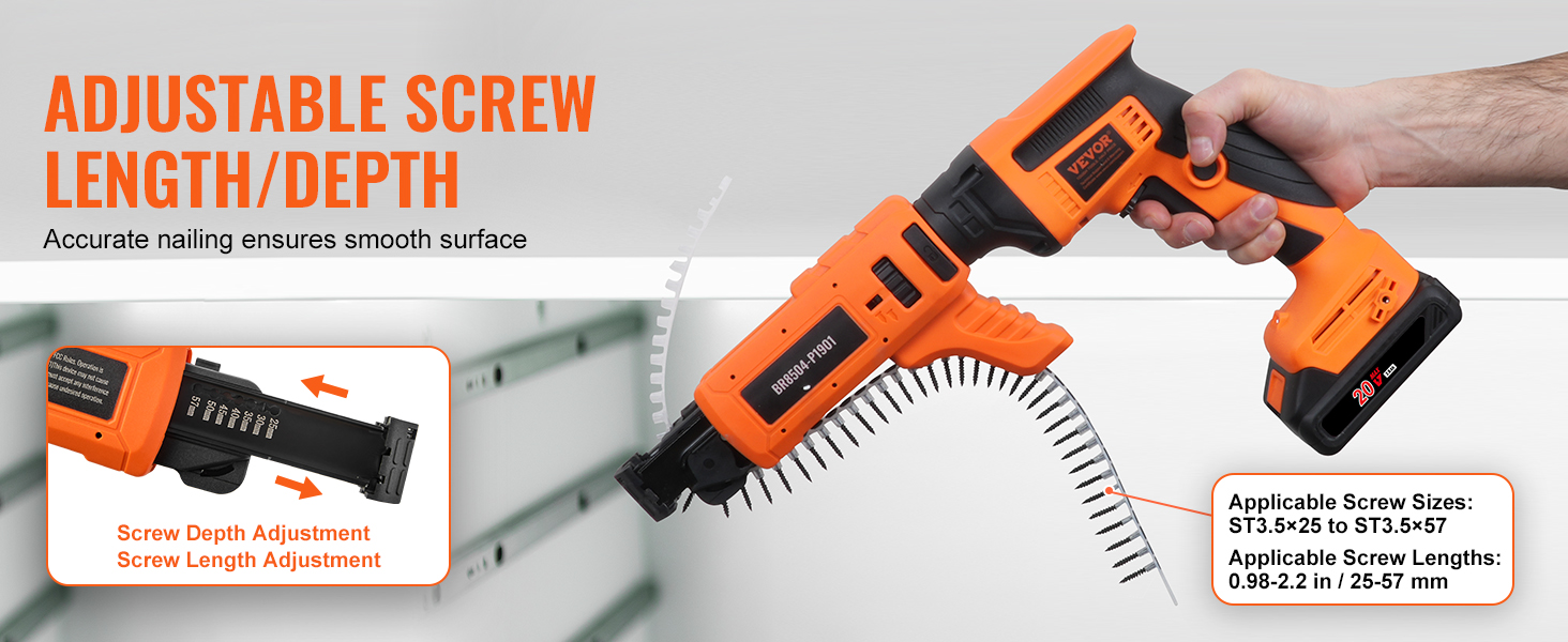 VEVOR drywall screw gun with adjustable screw length/depth and 20v battery for precise nailing.