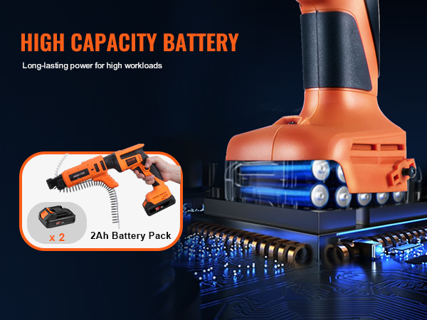 VEVOR drywall screw gun with high capacity battery, 2ah battery pack, and long-lasting power.
