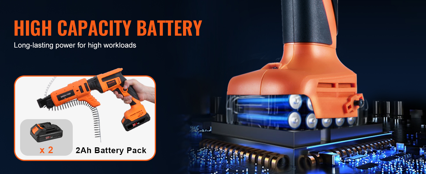 VEVOR drywall screw gun with high capacity battery, 2ah battery pack, and long-lasting power.