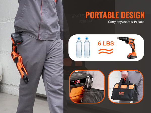 worker carrying VEVOR drywall screw gun and a bag, showcasing its portable and lightweight design.