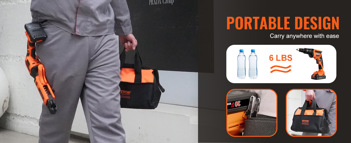 worker carrying VEVOR drywall screw gun and a bag, showcasing its portable and lightweight design.