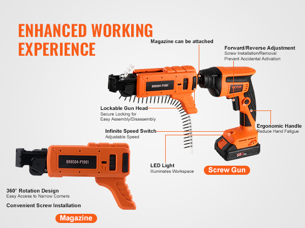 VEVOR drywall screw gun with 360° rotation, ergonomic handle, led light, and infinite speed switch.