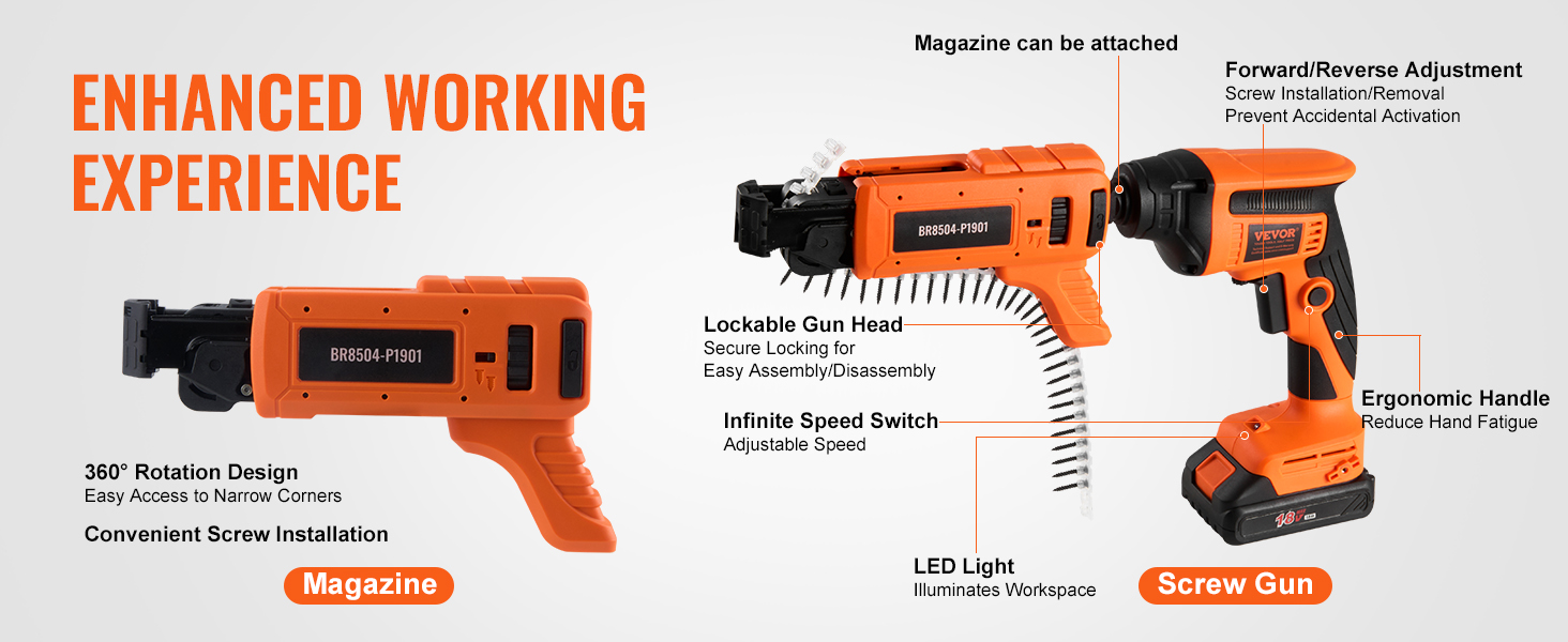 VEVOR drywall screw gun with 360° rotation, ergonomic handle, led light, and infinite speed switch.