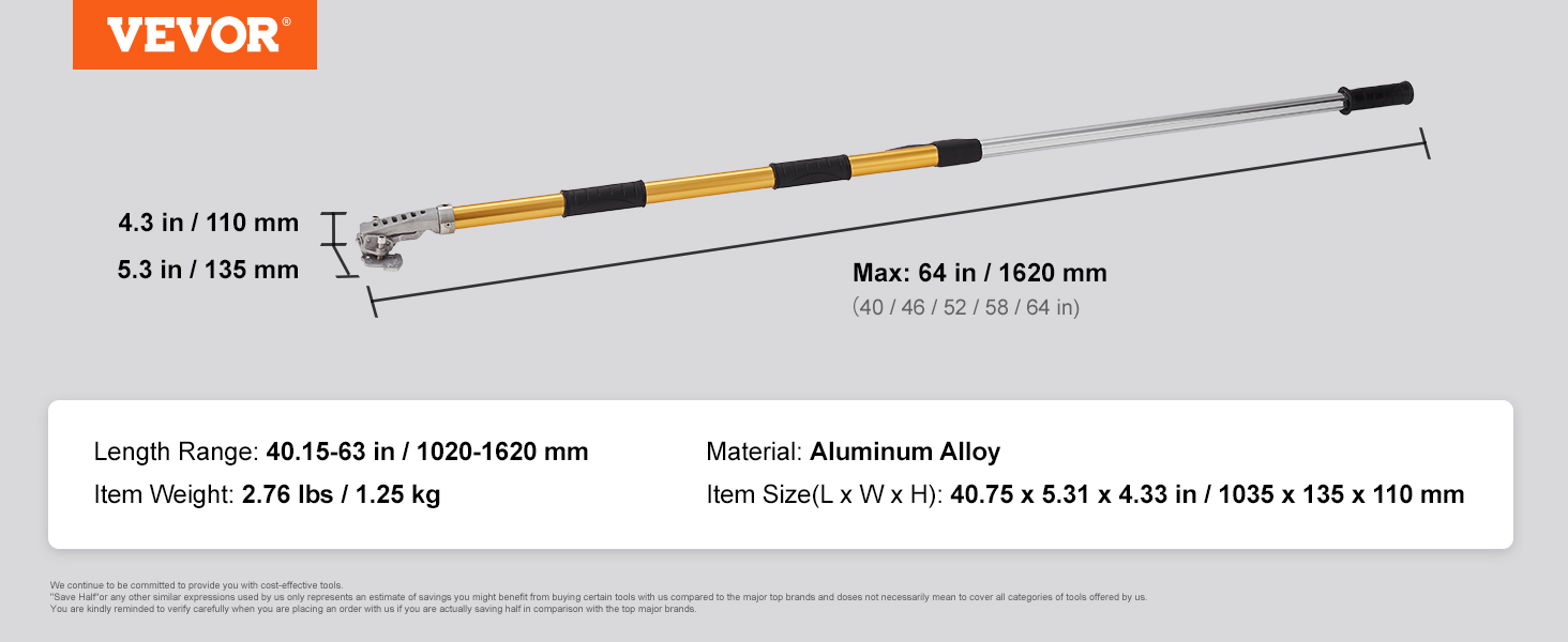 VEVOR drywall flat box handle, adjustable length 40.15-63 in, aluminum alloy, 2.76 lbs.