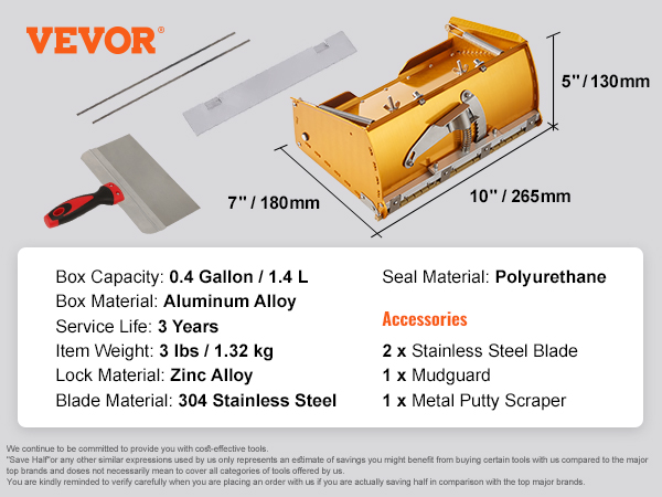 VEVOR drywall flat box set with aluminum alloy body, stainless steel blades, mudguard, and putty scraper.