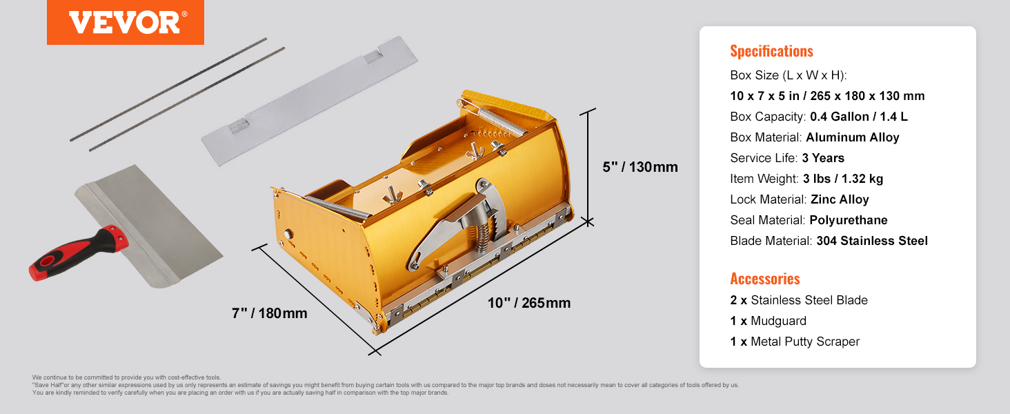 VEVOR drywall flat box set with aluminum alloy body, stainless steel blades, mudguard, and putty scraper.