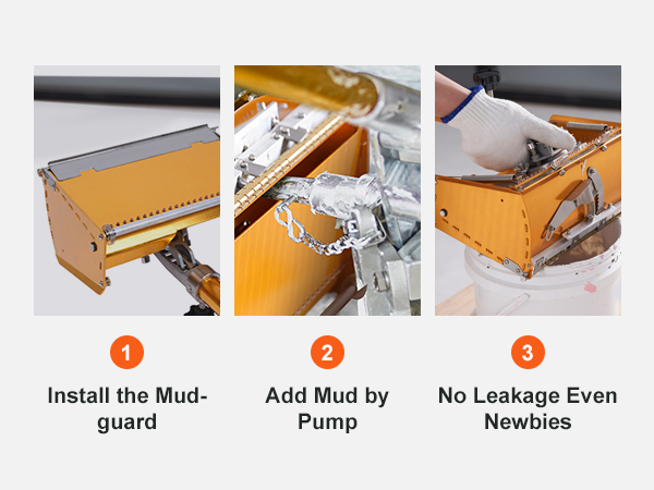 step-by-step guide using VEVOR drywall flat box: install mudguard, add mud by pump, no leakage.