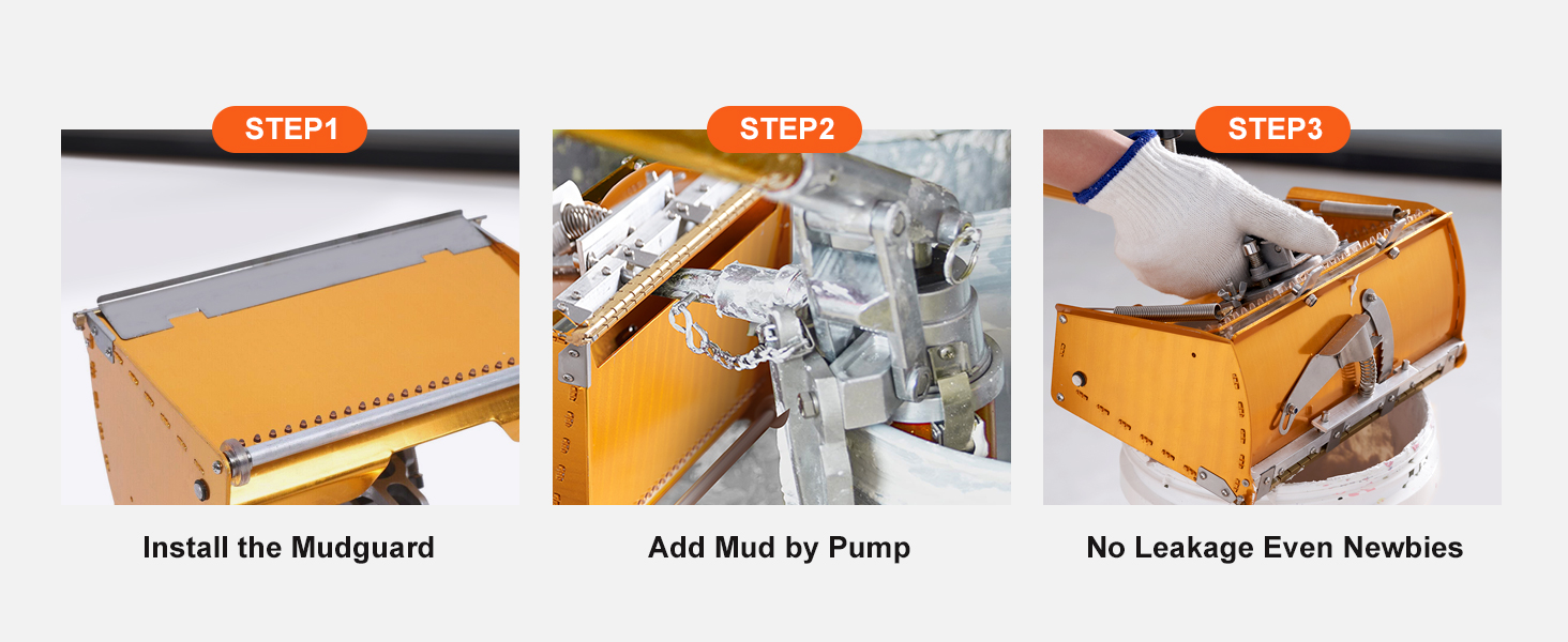 step-by-step guide using VEVOR drywall flat box: install mudguard, add mud by pump, no leakage.