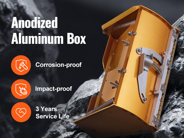 anodized aluminum VEVOR drywall flat box on rocky surface, highlighting corrosion-proof and impact-proof features.