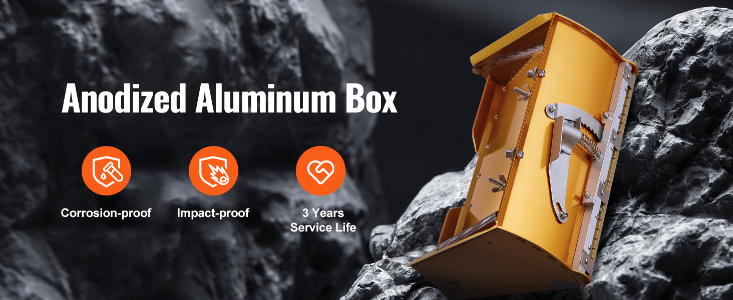 anodized aluminum VEVOR drywall flat box on rocky surface, highlighting corrosion-proof and impact-proof features.