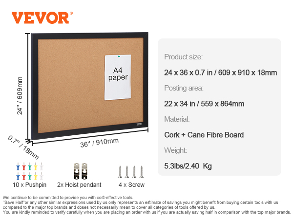 VEVOR cork board dimensions 24x36 inches, includes pushpins, screws, and hoist pendants, weighs 5.3 lbs.