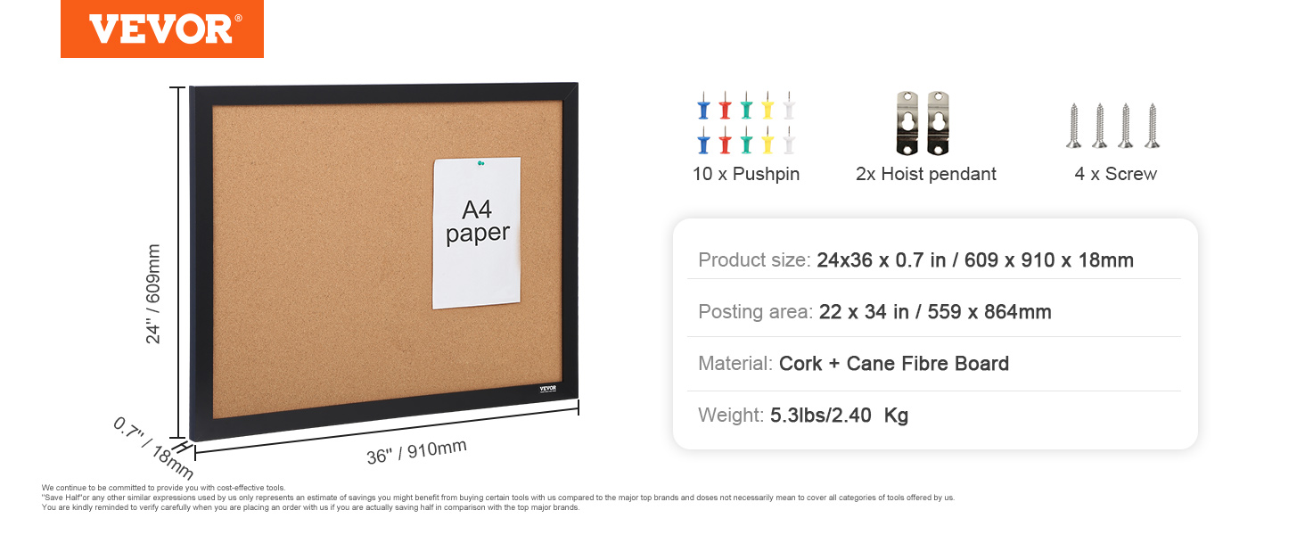 VEVOR cork board dimensions 24x36 inches, includes pushpins, screws, and hoist pendants, weighs 5.3 lbs.