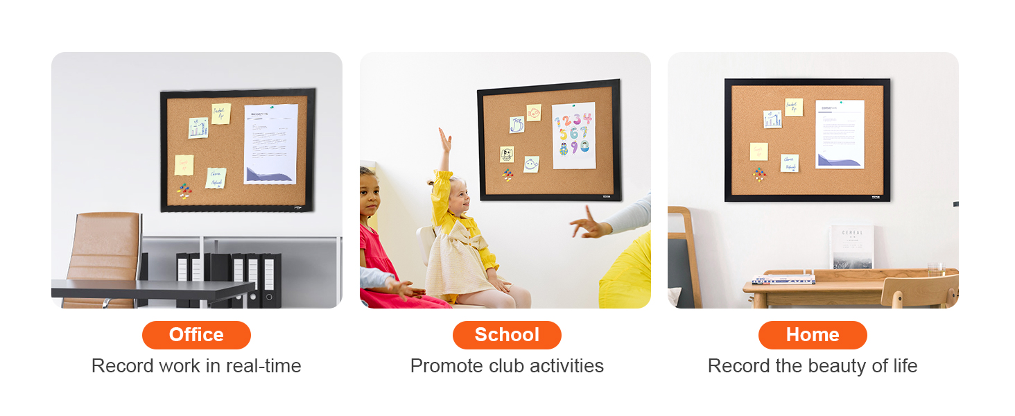 Пробковая доска VEVOR, представленная в офисах, школах и дома, демонстрирует универсальность и удобство использования.