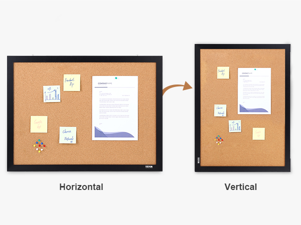 Пробковая доска VEVOR с надписями и кнопками представлена как в горизонтальной, так и в вертикальной ориентации.