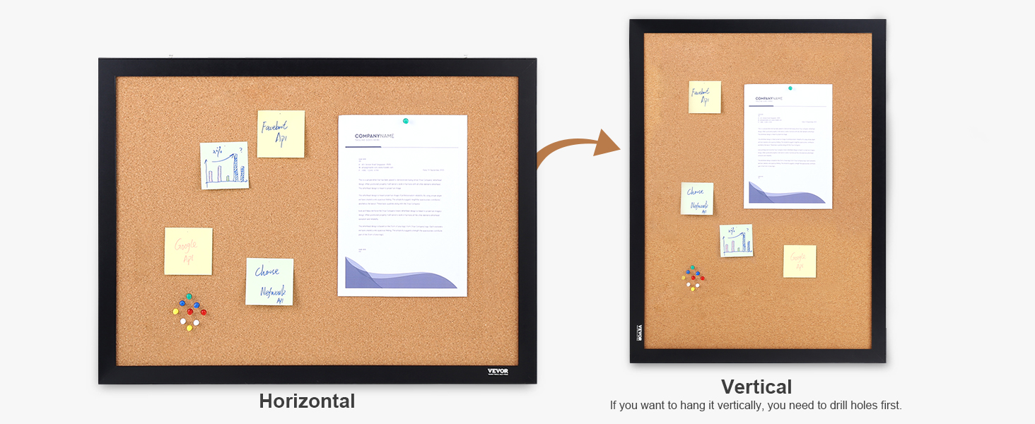 Пробковая доска VEVOR с надписями и кнопками представлена как в горизонтальной, так и в вертикальной ориентации.