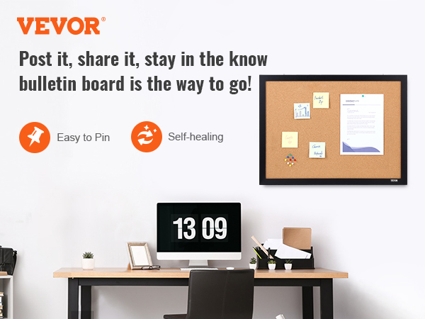 VEVOR cork board with notes and pins on a modern office desk, featuring easy to pin and self-healing.