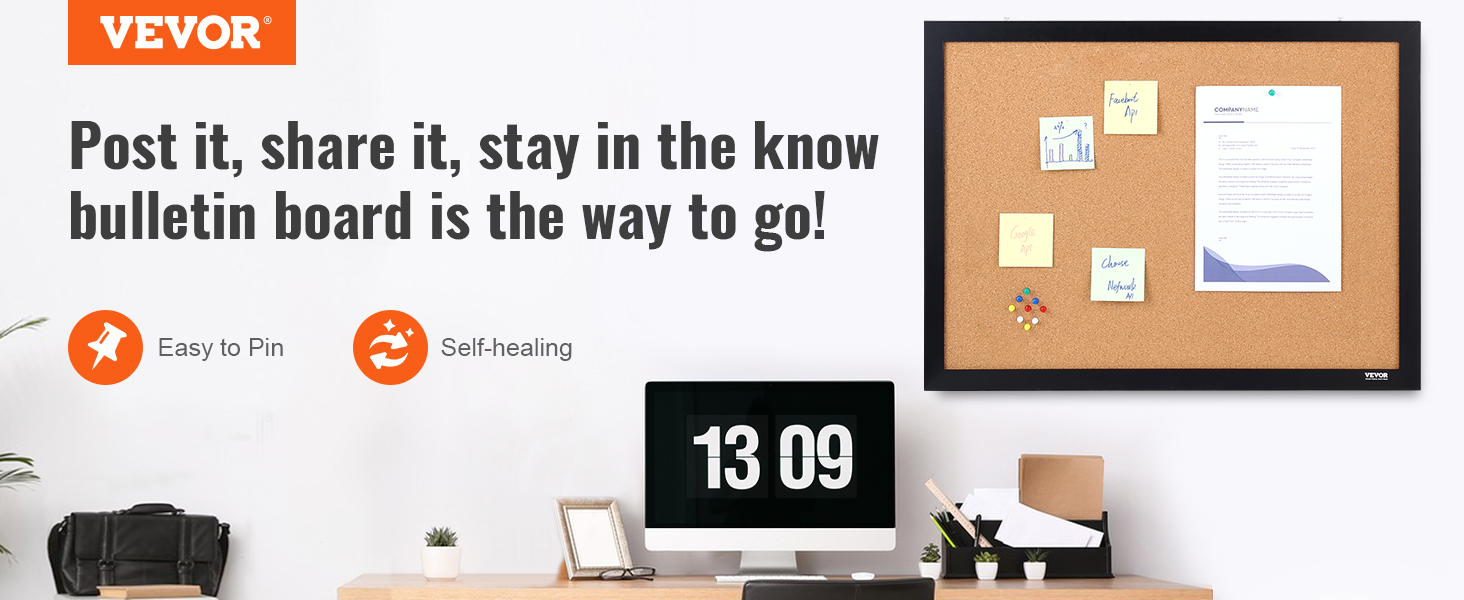 VEVOR cork board with notes and pins on a modern office desk, featuring easy to pin and self-healing.