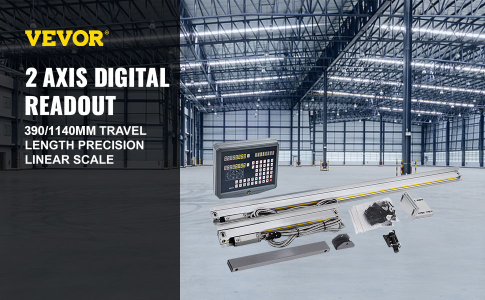 VEVOR digitālais nolasītājs, 2 asis ar 390/1140 mm kustības lineāro skalu tukšā rūpnīcā.