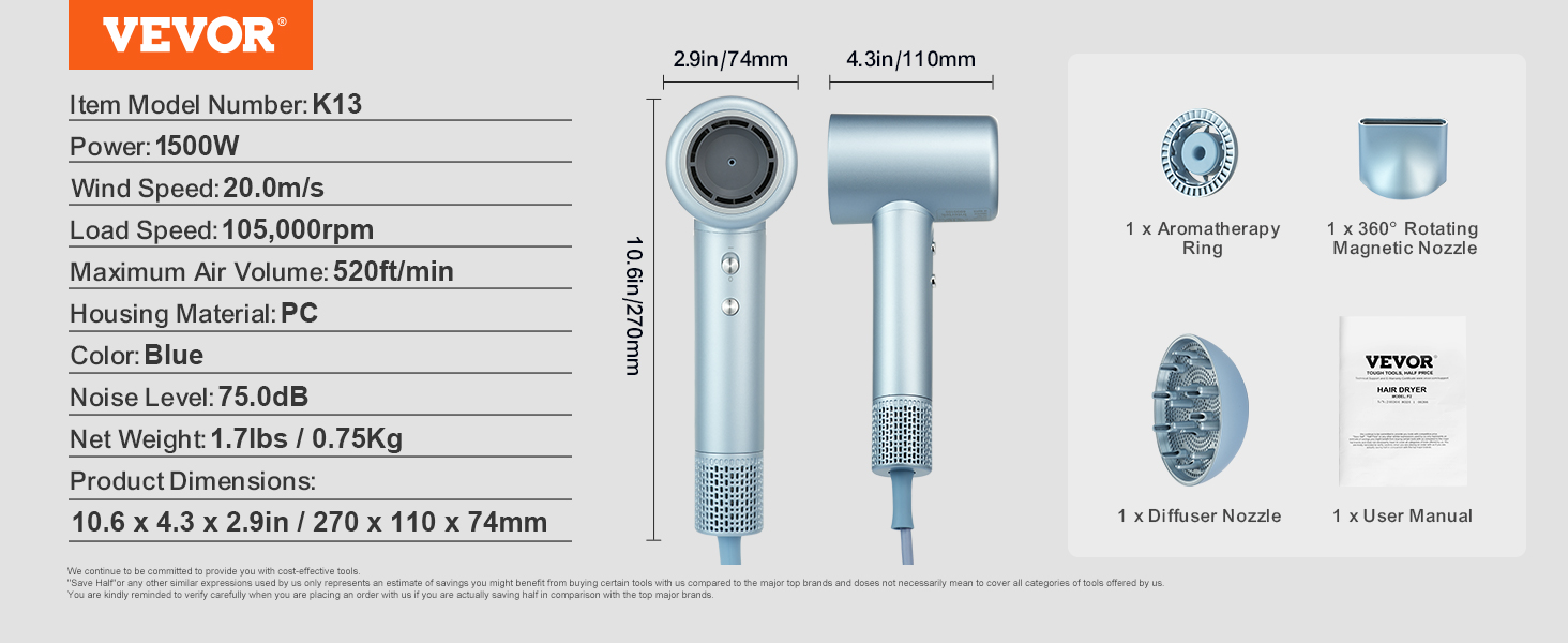 VEVOR high-speed hair dryer, 1500w, 20.0m/s, blue, with diffuser, aromatherapy ring, magnetic nozzle.