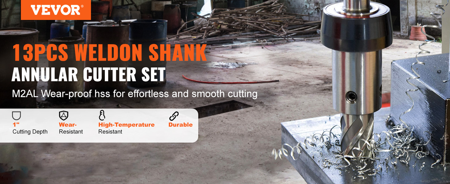 VEVOR annular cutter set with 1" cutting depth, wear-resistant, high-temperature resistant, and durable.