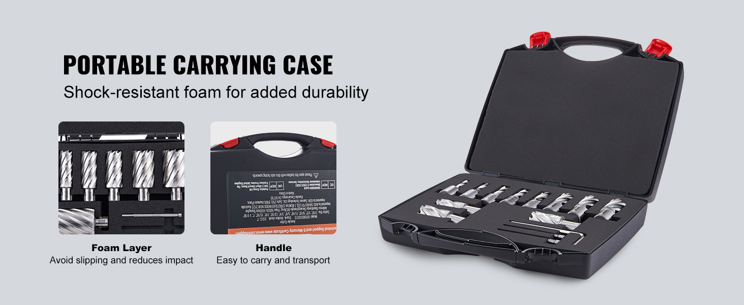 VEVOR annular cutter set in a portable carrying case with shock-resistant foam and ergonomic handle.