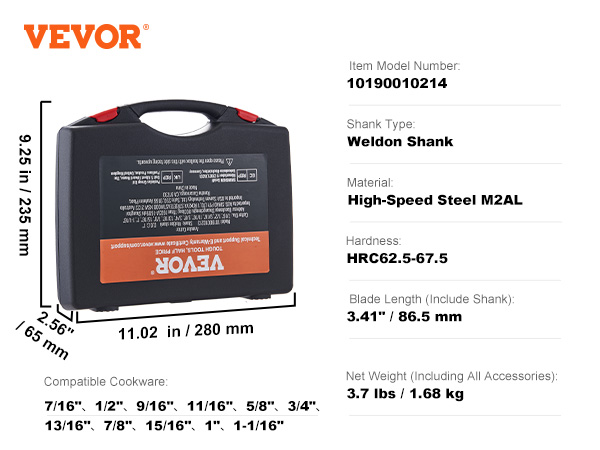 VEVOR annular cutter set in case, featuring weldon shank and high-speed steel m2al with 2" cutting depth.
