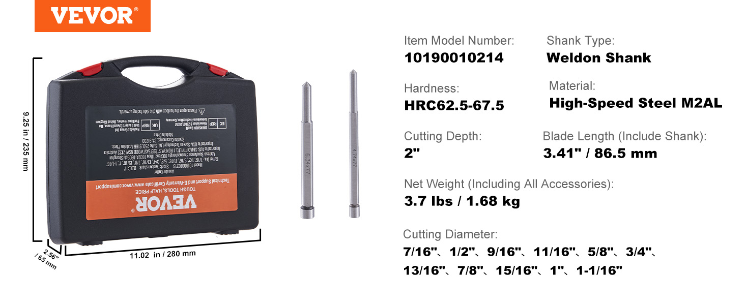 VEVOR annular cutter set in case, featuring weldon shank and high-speed steel m2al with 2" cutting depth.