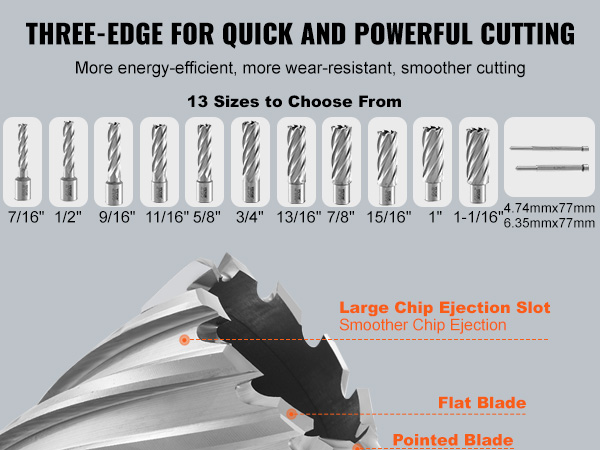 VEVOR annular cutter set with three-edge design for efficient cutting, 13 sizes available for various tasks.